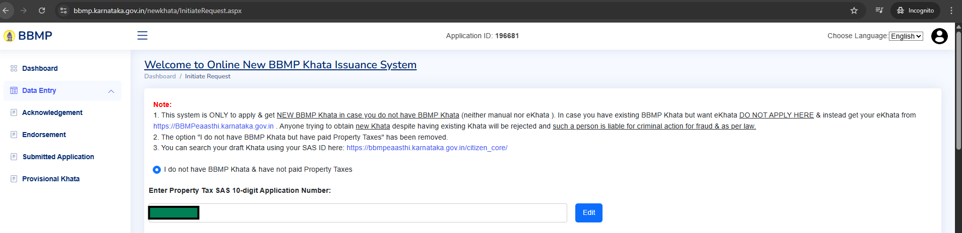 BBMP New Khata portal showing important notes and SAS Application Number input field