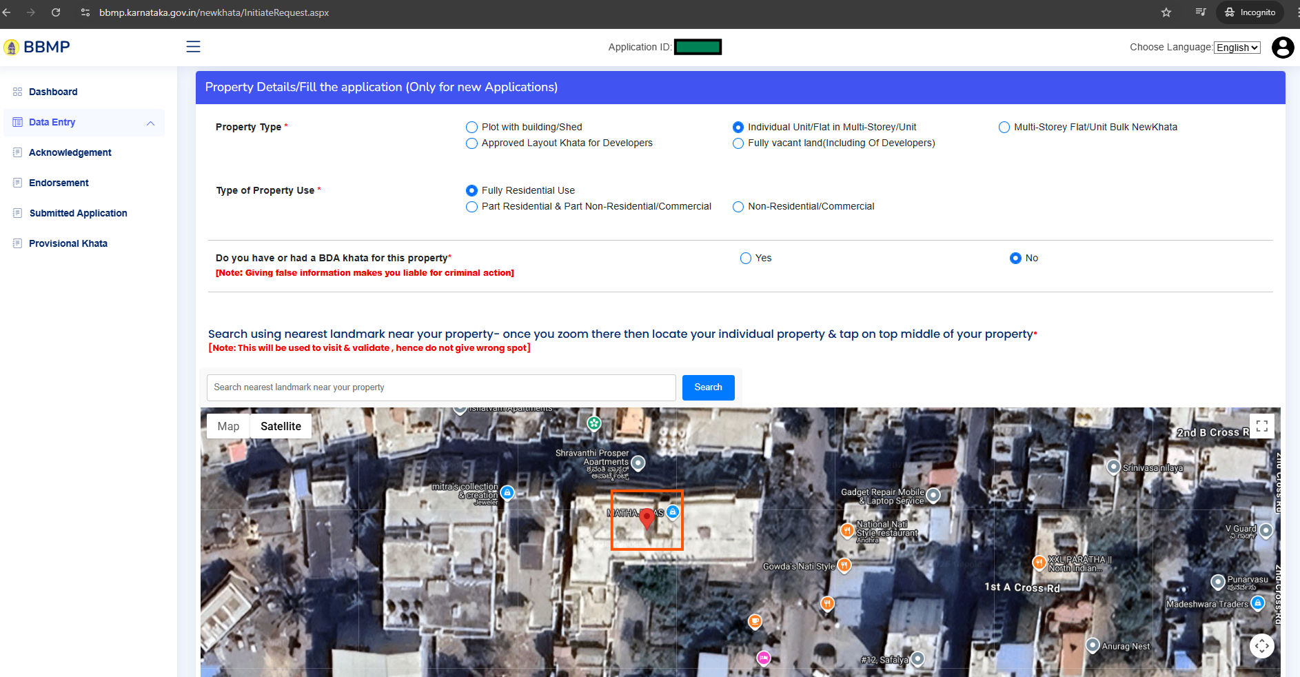 Property details form showing property type, use, BDA khata options and satellite map with red pin
