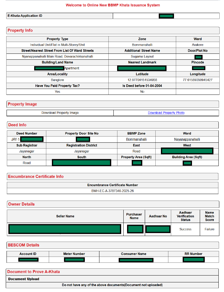 Draft eKhata form showing property info, deed info, EC number, owner details and BESCOM details
