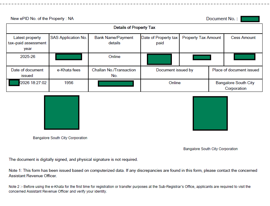 Real eKhata Form-B page 2 — property tax details, eKhata fee, and digital signatures