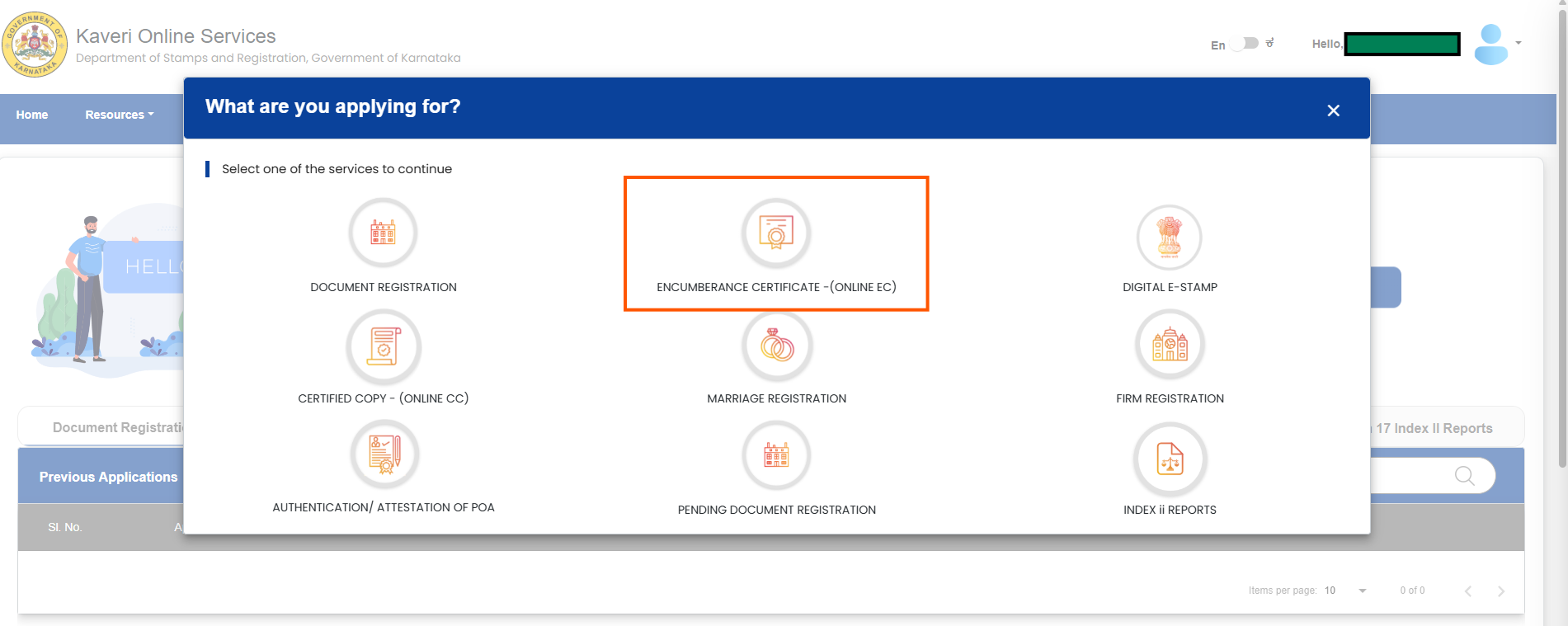 Application type selection — ENCUMBERANCE CERTIFICATE (ONLINE EC) highlighted